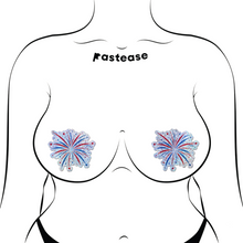 Load image into Gallery viewer, The Fireworks Pasties Star Explosion Glitter Nipple Covers by Pastease®. Two firework star explosion in blue, red and silver nipple covers shown on a femme body outline for size reference on a white background. Perfect for new years eve, a festival, burlesque performance, pride or parties.
