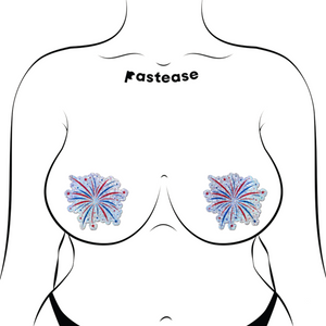 The Fireworks Pasties Star Explosion Glitter Nipple Covers by Pastease®. Two firework star explosion in blue, red and silver nipple covers shown on a femme body outline for size reference on a white background. Perfect for new years eve, a festival, burlesque performance, pride or parties.