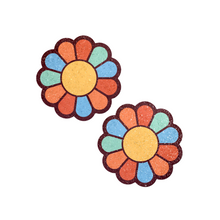 Load image into Gallery viewer, The Rainbow Flower Pasties Hippy Rainbow Daisy Breast Covers by Pastease®. Two rainbow coloured flower shaped nipple covers on a white background. Perfect for a festival, burlesque performance, pride or parties.
