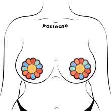 Load image into Gallery viewer, The Rainbow Flower Pasties Hippy Rainbow Daisy Breast Covers by Pastease®. Two rainbow coloured flower shaped nipple covers shown on a femme body outline for size reference on a white background. Perfect for a festival, burlesque performance, pride or parties.
