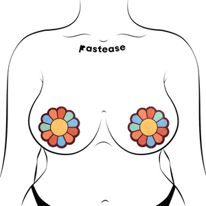 The Rainbow Flower Pasties Hippy Rainbow Daisy Breast Covers by Pastease®. Two rainbow coloured flower shaped nipple covers shown on a femme body outline for size reference on a white background. Perfect for a festival, burlesque performance, pride or parties.