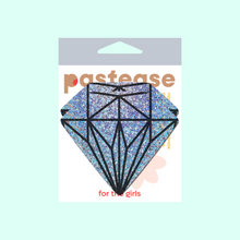 Load image into Gallery viewer, The Gem: Silver Glitter Diamond Nipple Pasties by Pastease®. Two silver holographic glitter diamond gem crystal nipple covers within the pastease pastel packaging on a mint blue background.
