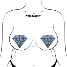 Load image into Gallery viewer, The Gem: Silver Glitter Diamond Nipple Pasties by Pastease®. Two silver holographic glitter diamond gem crystal nipple covers shown on a femme body outline for size reference on a white background.
