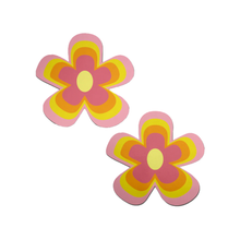 Load image into Gallery viewer, Pink Groovy Flower Pasties by Pastease. Two nipple covers with various shades of pink, yellow and orange outlining the yellow centre in a y2k style flower shape on a white background. Perfect for a festival, burlesque performance, pride or parties.
