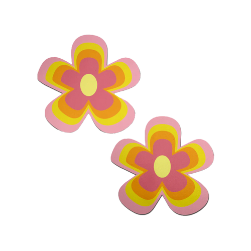 Pink Groovy Flower Pasties by Pastease. Two nipple covers with various shades of pink, yellow and orange outlining the yellow centre in a y2k style flower shape on a white background. Perfect for a festival, burlesque performance, pride or parties.