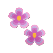 Load image into Gallery viewer, Purple Groovy Flower Pasties by Pastease. Two nipple covers with various shades of pink and purple outlining the yellow centre in a y2k style flower shape on a white background. Perfect for a festival, burlesque performance, onlyfans content, pride or parties.
