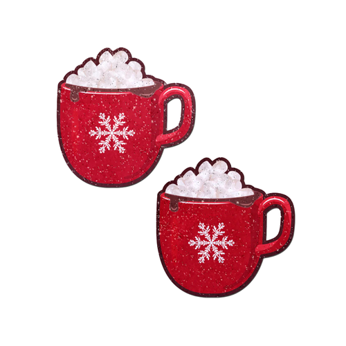 Hot Cocoa Pasties Hot Chocolate Nipple Covers by Pastease®. Two red  glittery mug shaped nipple covers with white snowflake on the front of the mug and marshmallows on top. Shown on a white background.