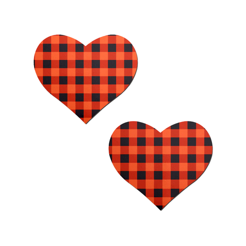 Love: Gingham Orange & Black Halloween Plaid Nipple Pasties by Pastease®. Two red and black gingham heart shaped nipple covers, shown on white background. Perfect for festivals, pride, burlesque, raves, only fans content or parties.