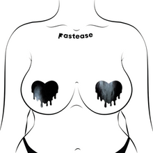 Load image into Gallery viewer, Melty Heart: Faux Latex Pleather Vinyl Black Melty Heart Nipple Pasties by Pastease®. Two shiny black drippy heart shaped nipple covers shown on a femme body outline for size reference on a white background.
