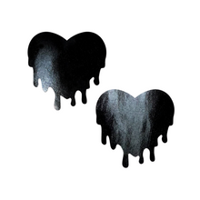 Load image into Gallery viewer, Melty Heart: Faux Latex Pleather Vinyl Black Melty Heart Nipple Pasties by Pastease®. Two shiny black drippy heart shaped nipple covers shown on a white background. Perfect for festivals, pride, burlesque, raves, only fans content or parties.
