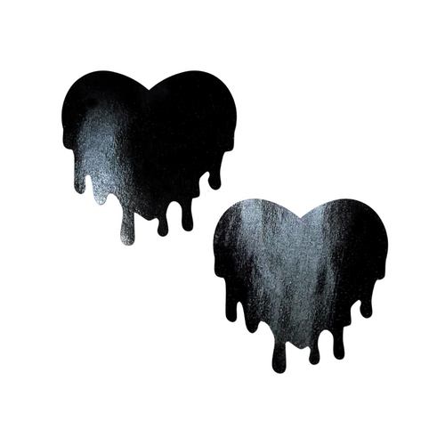 Melty Heart: Faux Latex Pleather Vinyl Black Melty Heart Nipple Pasties by Pastease®. Two shiny black drippy heart shaped nipple covers shown on a white background. Perfect for festivals, pride, burlesque, raves, only fans content or parties.