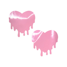 Load image into Gallery viewer, Melty Heart Faux Latex Pleather Vinyl Baby Pink Melty Heart Nipple Pasties by Pastease. Two shiny pastel pink drippy heart shaped nipple covers shown on a white background. Perfect for festivals, pride, burlesque, raves, only fans content or parties.
