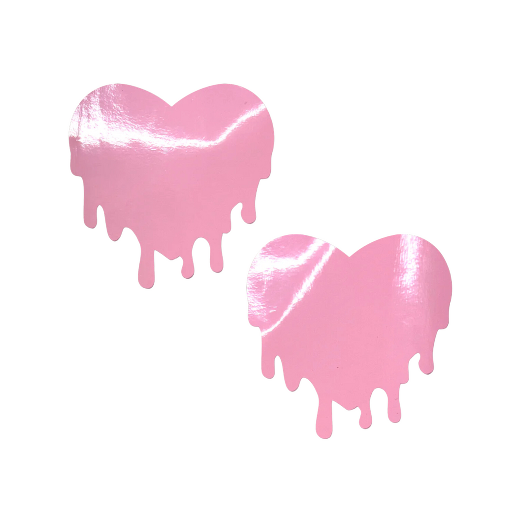 Melty Heart Faux Latex Pleather Vinyl Baby Pink Melty Heart Nipple Pasties by Pastease. Two shiny pastel pink drippy heart shaped nipple covers shown on a white background. Perfect for festivals, pride, burlesque, raves, only fans content or parties.