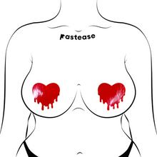 Load image into Gallery viewer, Melty Heart: Faux Latex Pleather Vinyl Red Melty Heart Nipple Pasties by Pastease®. Two shiny red drippy heart shaped nipple covers shown on a femme body outline for size reference on a white background.
