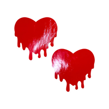 Load image into Gallery viewer, Melty Heart: Faux Latex Pleather Vinyl Red Melty Heart Nipple Pasties by Pastease®. Two shiny red drippy heart shaped nipple covers shown on a white background. Perfect for festivals, pride, burlesque, raves, only fans content or parties.
