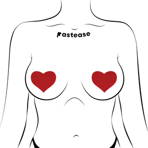 Love: Red Heart Nipple Pasties by Pastease®. Two matte red heart shaped nipple covers shown on a femme body outline for size reference on a white background.