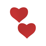 Love: Red Heart Nipple Pasties by Pastease®. Two matte red heart shaped nipple covers shown on a white background. Perfect for festivals, pride, burlesque, raves, only fans content or parties.