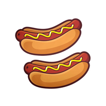 Load image into Gallery viewer, The Hotdog Pasties Weiner with Mustard Nipple Covers by Pastease®. Two hot dog sausages in long buns with mustard drizzled across in a zig zag pattern nipple covers shown on a white background. Perfect for a festival, burlesque performance, drag shows, pride or parties.
