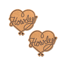 Load image into Gallery viewer, Howdy&#39; Cowboy Rope Heart Lasso Pasties Nipple Covers by Pastease®. Two gold glittery lasso heart shaped nipple covers with &#39;Howdy&#39; written in lasso. Show on a white background 
