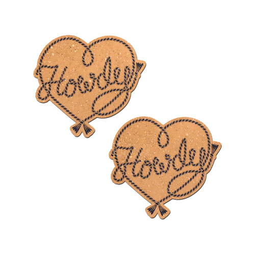 Howdy' Cowboy Rope Heart Lasso Pasties Nipple Covers by Pastease®. Two gold glittery lasso heart shaped nipple covers with 'Howdy' written in lasso. Show on a white background 