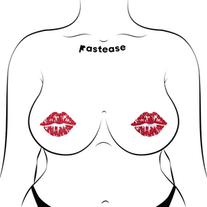 Kisses: Sparkly Red Kissing Puckered Lips Nipple Covers by Pastease. Two glitter red kissing lip shaped nipple covers shown on a femme body outline for size reference on a white background.