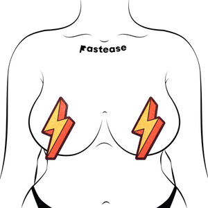 The Lightning Bolt Pasties Thunder Struck Breast Covers by Pastease®. Two glitter velvet orange and yellow zig zag lightning bolt nipple covers shown on a femme body outline for size reference on a white background. Perfect for a festival, burlesque performance, pride or parties.