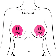Load image into Gallery viewer, Melty Smiley Face: Neon Pink Melted Smiling Face Nipple Pasties by Pastease. Two hot pink melting drippy smiley faces nipple covers shown on a femme body outline for size reference on a white background.
