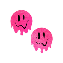 Load image into Gallery viewer, Melty Smiley Face: Neon Pink Melted Smiling Face Nipple Pasties by Pastease. Two hot pink melting drippy smiley faces nipple covers shown on a white background. Perfect for festivals, pride, burlesque, raves, only fans content or parties.
