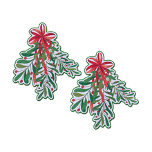 Load image into Gallery viewer, Christmas Winter Mistletoe with Red Bow Kissing Nipple Pasties by Pastease®. Two glittery mistletoe nipple covers, shown on white background. Perfect for a festival, burlesque performance, Christmas, pride or parties.
