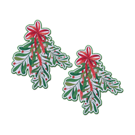 Christmas Winter Mistletoe with Red Bow Kissing Nipple Pasties by Pastease®. Two glittery mistletoe nipple covers, shown on white background. Perfect for a festival, burlesque performance, Christmas, pride or parties.