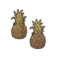 Load image into Gallery viewer, The Pineapple on Glitter Gold Nipple Covers by Pastease®. Two gold glittering shimmer pineapple nipple covers on a white background. Perfect for a festival, burlesque performance, drag shows, pride or parties.
