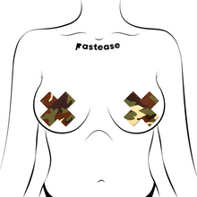 Load image into Gallery viewer, Plus X: Green Camo Cross Nipple Pasties by Pastease®. Two green, brown, and cream camouflage cross shaped nipple covers shown on a femme body outline for size reference on a white background.

