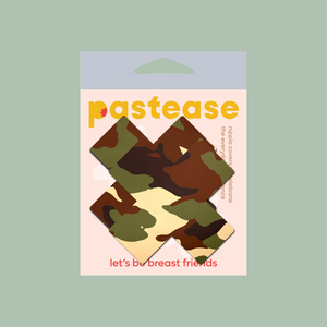 Plus X: Green Camo Cross Nipple Pasties by Pastease®. Two green, brown, and cream camouflage cross shaped nipple covers shown in the pastease packaging on a khaki background.