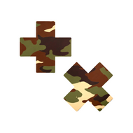 Plus X: Green Camo Cross Nipple Pasties by Pastease®. Two green, brown, and cream camouflage cross shaped nipple covers shown on a white background. Perfect for festivals, pride, burlesque, raves, only fans content or parties.