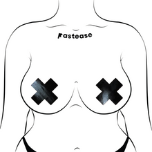 Load image into Gallery viewer, Plus X: Faux Latex Pleather Vinyl Black Cross Nipple Pasties by Pastease. Two shiny black cross shaped nipple covers shown on a femme body outline for size reference on a white background.

