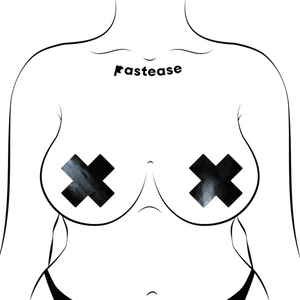 Plus X: Faux Latex Pleather Vinyl Black Cross Nipple Pasties by Pastease. Two shiny black cross shaped nipple covers shown on a femme body outline for size reference on a white background.