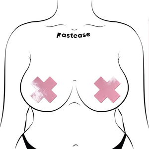 Plus X: Faux Latex Pleather Vinyl Baby Pink Cross Nipple Pasties by Pastease®. Two shiny pastel pink cross shaped nipple covers shown on a femme body outline for size reference on a white background.