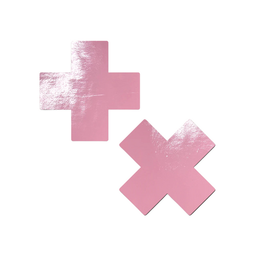 Plus X: Faux Latex Pleather Vinyl Baby Pink Cross Nipple Pasties by Pastease®. Two shiny pastel pink cross shaped nipple covers shown on a white background. Perfect for festivals, pride, burlesque, raves, only fans content or parties.