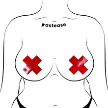 Load image into Gallery viewer, Plus X: Faux Latex Pleather Vinyl Red Cross Nipple Pasties by Pastease®. Two shiny red cross shaped nipple covers shown on a femme body outline on a white background.
