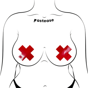 Plus X: Faux Latex Pleather Vinyl Red Cross Nipple Pasties by Pastease®. Two shiny red cross shaped nipple covers shown on a femme body outline on a white background.