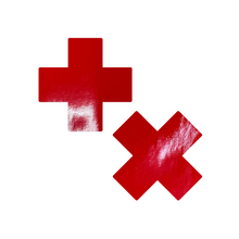 Load image into Gallery viewer, Plus X: Faux Latex Pleather Vinyl Red Cross Nipple Pasties by Pastease®. Two shiny red cross shaped nipple covers shown on a white background. Perfect for festivals, pride, burlesque, raves, only fans content or parties.
