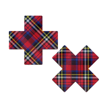 Load image into Gallery viewer, Plus X: Red Plaid Punk Cross Nipple Pasties by Pastease®. Two cross shaped red plaid nipple covers shown on white background. Perfect for festivals, pride, burlesque, raves, only fans content or parties.
