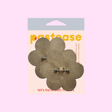 Load image into Gallery viewer, The Pierced Pasties: Nude Flower Breast Petal with Barbell Piercing Nipple Covers by Pastease®. Two nude warm beige flowers with silver barbell piercings through the middle nipple covers in the pastease pastel packaging on a pastel pink background. Perfect for a festival, burlesque performance, pride or parties.
