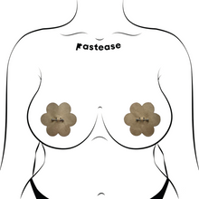 Load image into Gallery viewer, The Pierced Pasties: Nude Flower Breast Petal with Barbell Piercing Nipple Covers by Pastease®. Two nude warm beige flowers with silver barbell piercings through the middle nipple covers shown on a femme body outline for size reference on a white background. Perfect for a festival, burlesque performance, pride or parties.
