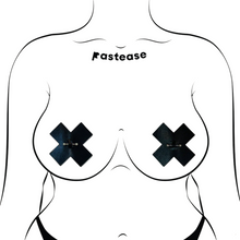 Load image into Gallery viewer, Pierced Pasties: Liquid Black Cross Plus X with Barbell Piercing Nipple Covers by Pastease®. Two shimmery black crosses nipple covers with silver straight barbell piercing jewellery in the centre shown on a femme body outline for size reference on a white background.
