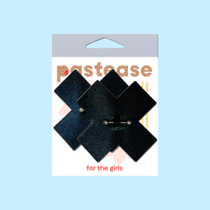 Pierced Pasties: Liquid Black Cross Plus X with Barbell Piercing Nipple Covers by Pastease®. Two shimmery black crosses nipple covers with silver straight barbell piercing jewellery in the centre shown in pastease packaging on a pastel blue background.
