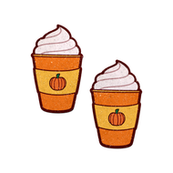 Pumpkin Spice Latte Breast Pasties Nipple Covers by Pastease®. Two glittery pumpkin spiced latte with whipped cream nipple covers on a white background. Perfect for festivals, pride, burlesque, raves, only fans content or parties.