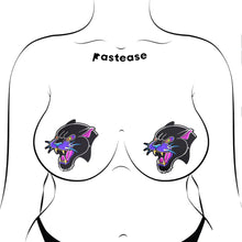 Load image into Gallery viewer, The Black Panther Pasties Roaring Couger Tattoo Diamond Thom™ Nipple Covers by Pastease shown on a femme body outline for size reference on a white background. Two angry roaring panther big cat nipple covers in a traditional old school tattoo style with purple, pink and yellow highlights. Perfect for a festival, burlesque performance, drag shows, pride or parties.
