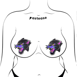The Black Panther Pasties Roaring Couger Tattoo Diamond Thom™ Nipple Covers by Pastease shown on a femme body outline for size reference on a white background. Two angry roaring panther big cat nipple covers in a traditional old school tattoo style with purple, pink and yellow highlights. Perfect for a festival, burlesque performance, drag shows, pride or parties.