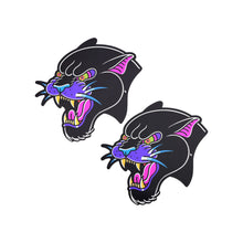 Load image into Gallery viewer, The Black Panther Pasties Roaring Couger Tattoo Diamond Thom™ Nipple Covers by Pastease on a white background. Two angry roaring panther big cat nipple covers in a traditional old school tattoo style with purple, pink and yellow highlights. Perfect for a festival, burlesque performance, drag shows, pride or parties.
